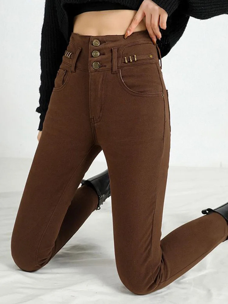 Fashion n Thick and Thin Pencil Jeans Womens Stretch High Waist Velvet Lined Denim Pants Winter Warm Ankle Length Vaqueros 241122