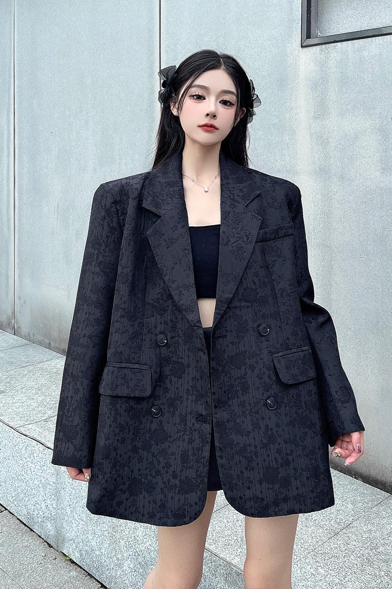 High-End Jacquard Black Blazer Women's Autumn Temperament Double-Breasted Suit Traf 2024 New Tweed Jaqueta Feminina