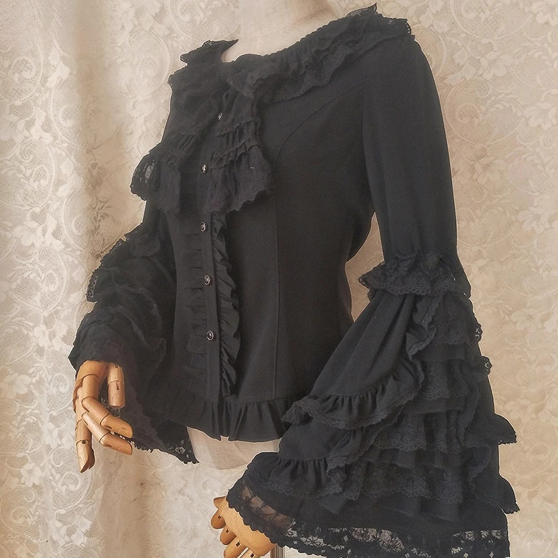 Japanese Victorian Lolita Shirts Women Vintage Sweet Flare Long Sleeves Slim Tops Female Gothic Y2k Black White Blouses