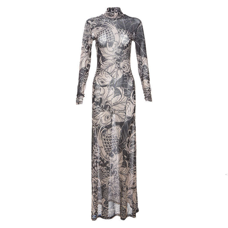 Women's 2024 Spring/Summer New Fashionable and Personalized Mesh Print Perspective High Neck Slimming Dress
