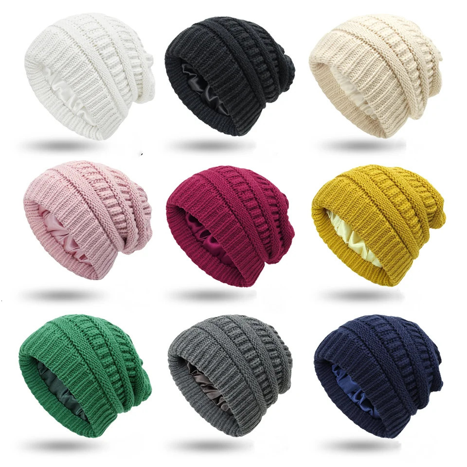 Fashion 9 Colors Winter Warm Knitted Hat Satin Silk Lined Cable Knit Beanie y Slouchy Skull Cap 241125