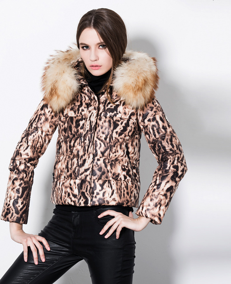 Designer leopard print for women, slim thick, warm and fur collar, hooded white duck down jacket