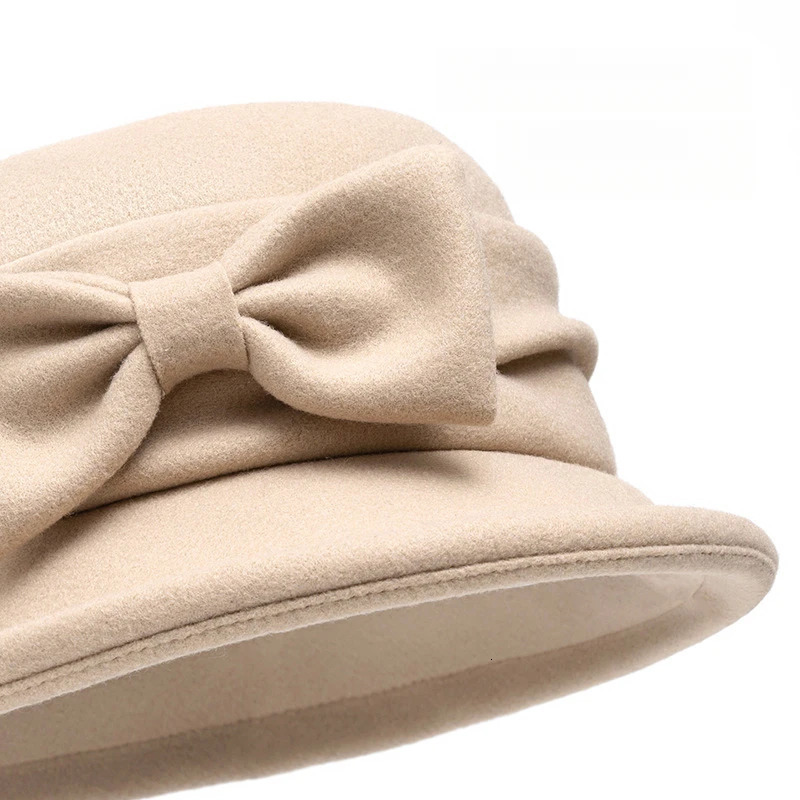 Womens Cotton Blend Fall Winter Bucket Hat 58cm Solid Color with Bow Small Brim Flat Top Fedoras 241125