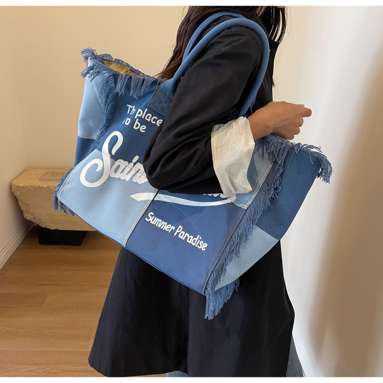 bags Shoulder Bag European American Beach Large capacity Handmade Fringed Denim Printed Tote 50*21*33cm