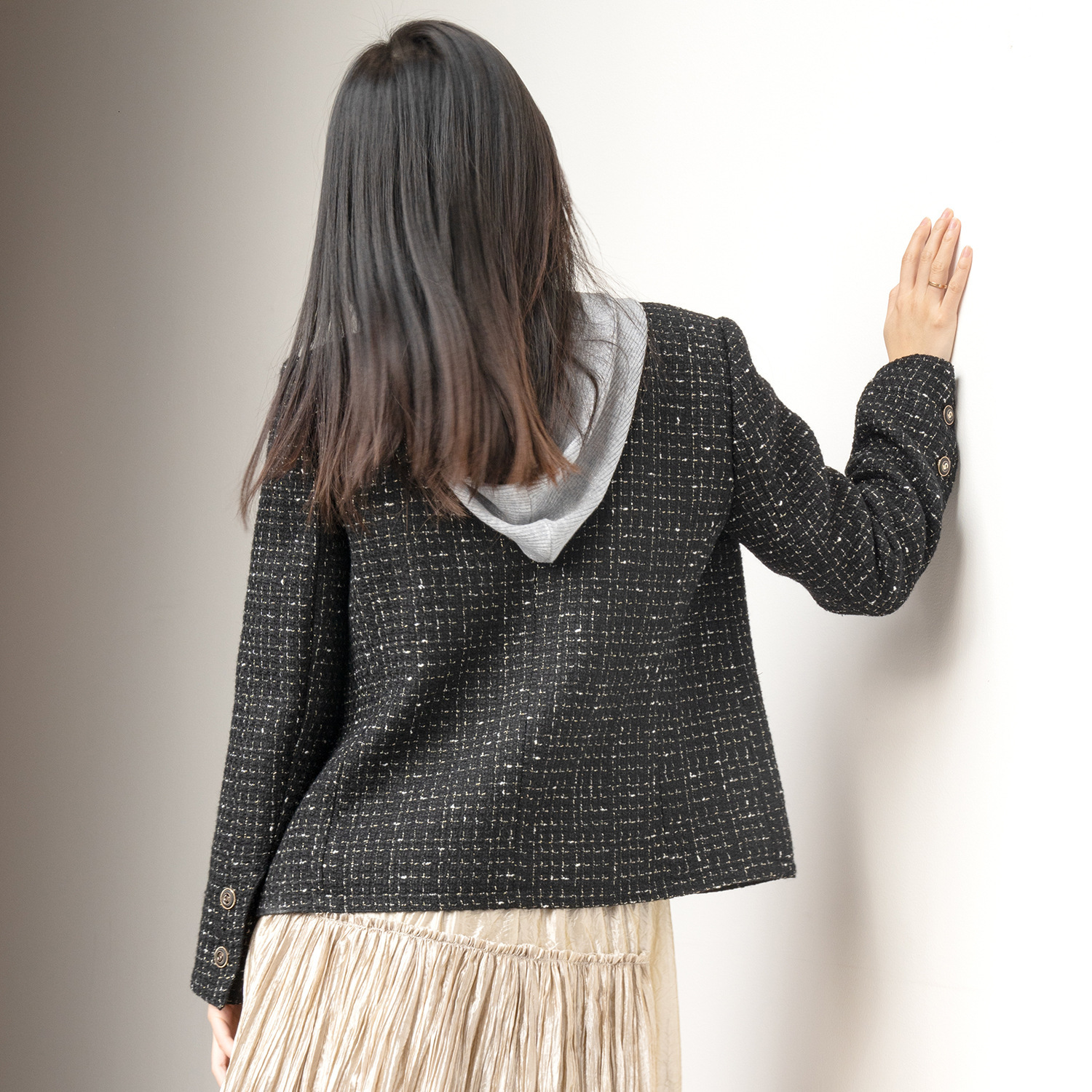 French Small Fragrant Wool Coat For Women, Coarse Plaid Tweed Black Jacket, Shiny Silk, Round Neck, High Quality, New