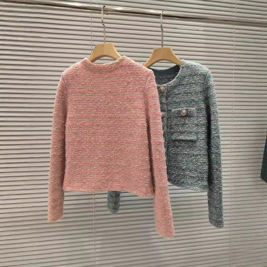 Women's Vintage Tweed Coat Long Sleeves Round Neck Knitted Metal Buttons Elegant Top