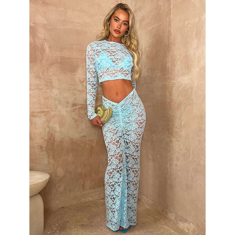 Women's 2024 Perspective Round Neck High Long Sleeve Waist Pack Hip Two Piece Lace Skirt Set