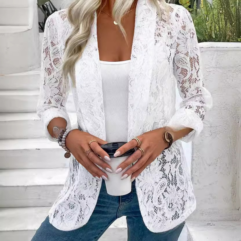 2024 Spring/Summer Small Suit Versatile Solid Color Lace Shirt Coat ladies fashion