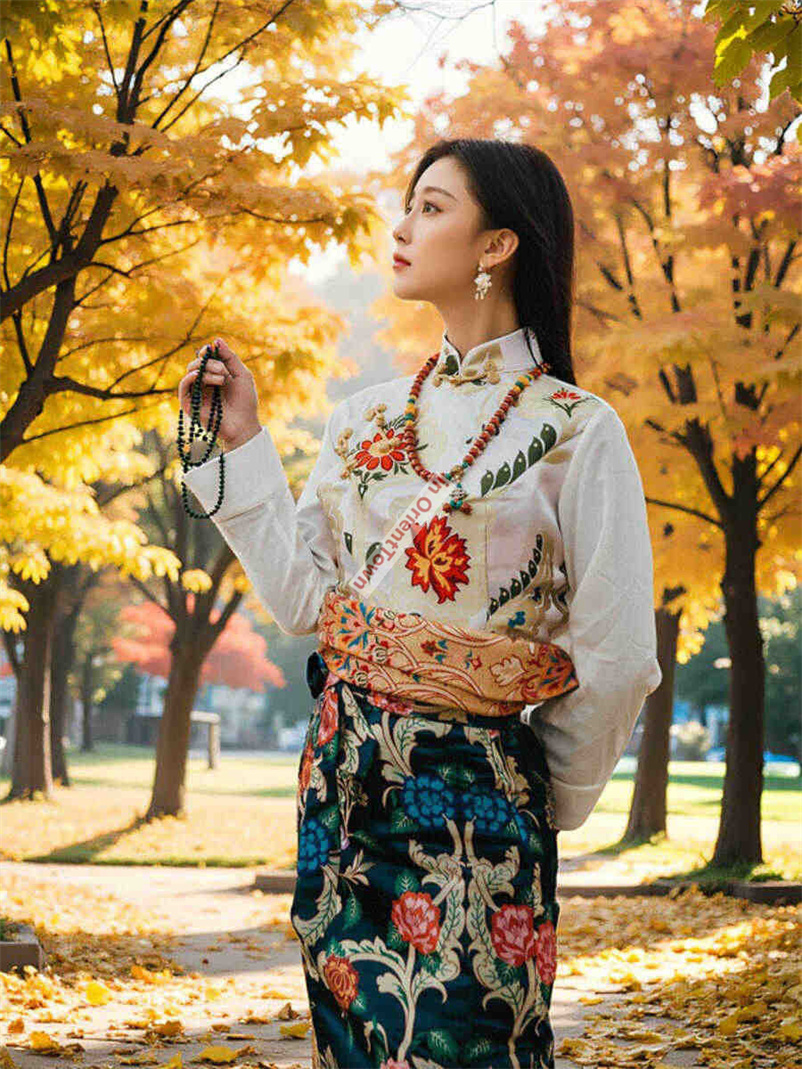 Tibetan Clothing for Women Autumn Blouse + Skirt Ethnic Style Tibetan Tops + One-Piece Wrapped Skirts Travel Photos Uniform