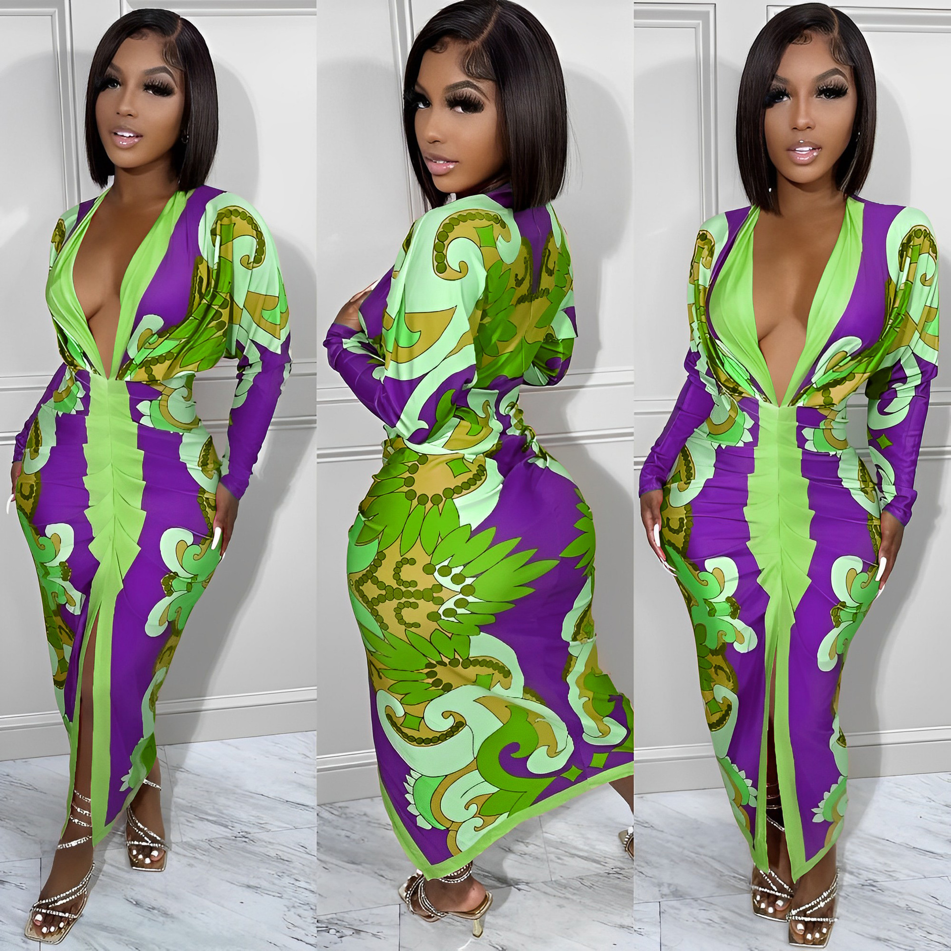 Large Striped Printed Long Sleeved SEXY DRESSES FOR WOMEN maxi dress Dress