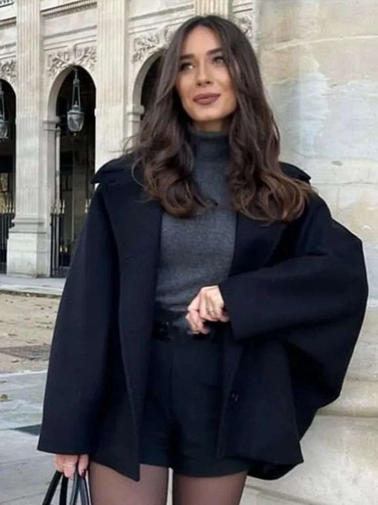 Autumn Solid Woolen Loose Short Coat Women Fashion Lapel Long Sleeved Warm Single Breasted Jacket 2024 Lady Commute Streetwear 241121