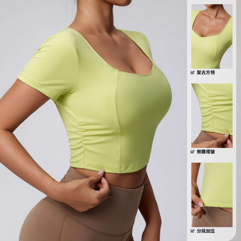 Spring summer solid color tight sports short sleeved women's sexy slim fit and slimming big U-neck running quick drying fiess top