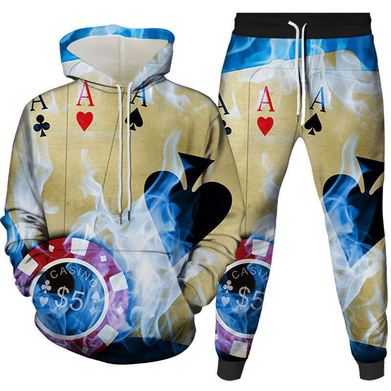 2024 Autumn/Winter Poker Series 3D Printed European American Trendy Men's Women's Hooded Hoodie and Pants Set