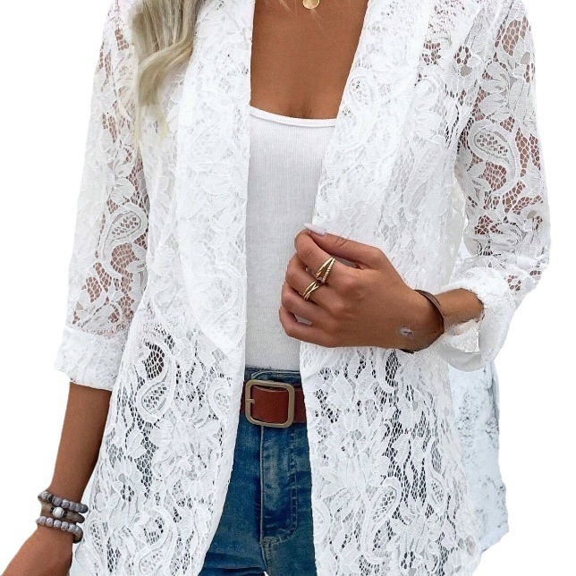 2024 Spring/Summer Small Suit Versatile Solid Color Lace Shirt Coat ladies fashion