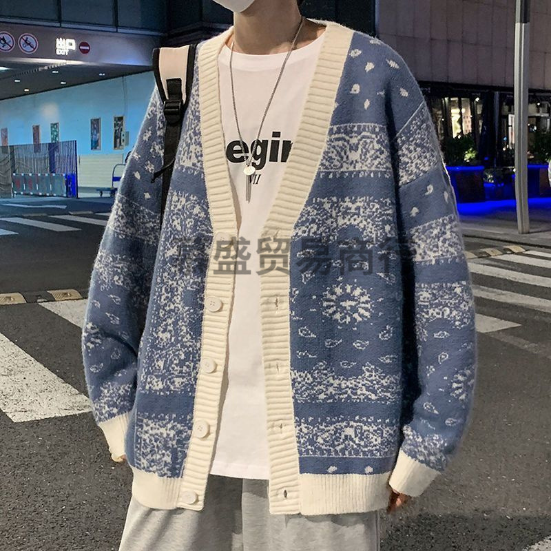 Winter new cardigan wool sweater men's fashion brand cashew flower loose Korean version lazy style knitted sweater top designer hoodie