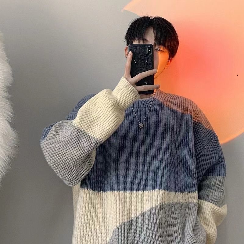 New striped color blocked men's autumn and winter round neck knitted sweater designer winter sweater trend hoodie