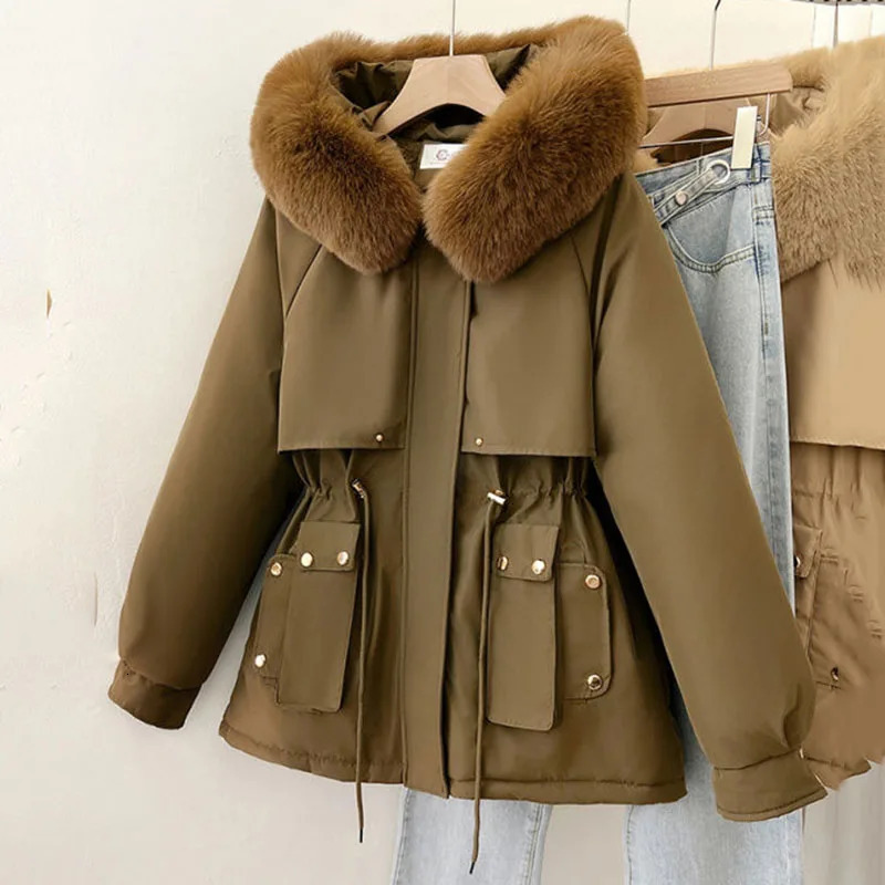 Temperament Parkas Cotton Jacket Women 2024 Winter Thick Warm Hooded Fur Collar Mid Long Down Coat Female Windbreaker 241120