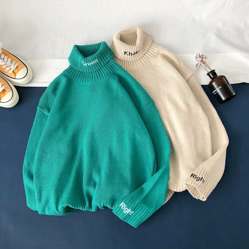 Autumn and winter new warm color solid color sweater men's Korean version loose and foldable high neck knitted sweater couple jacket designer top