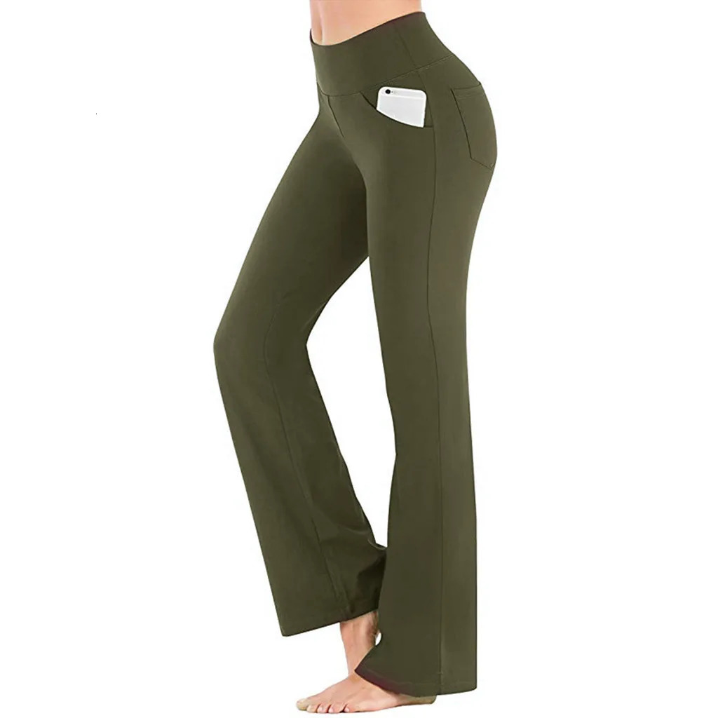 Straight Flare Pants Elastic High Waist Yoga Pockets Casual Holiday Women Clothing Solid Basic Trouser Slim Long Sport 241121Z