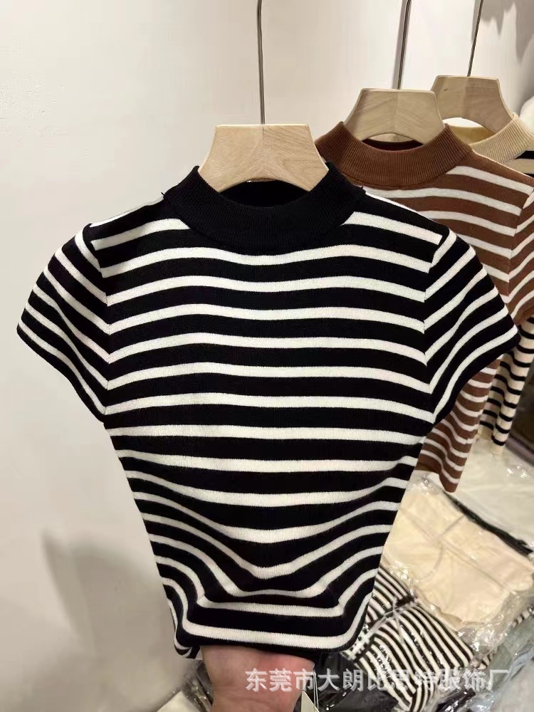 Autumn new semi high neck striped bottom knitted women's slim fit short sleeved designer ice silk shoulder T-shirt sweater
