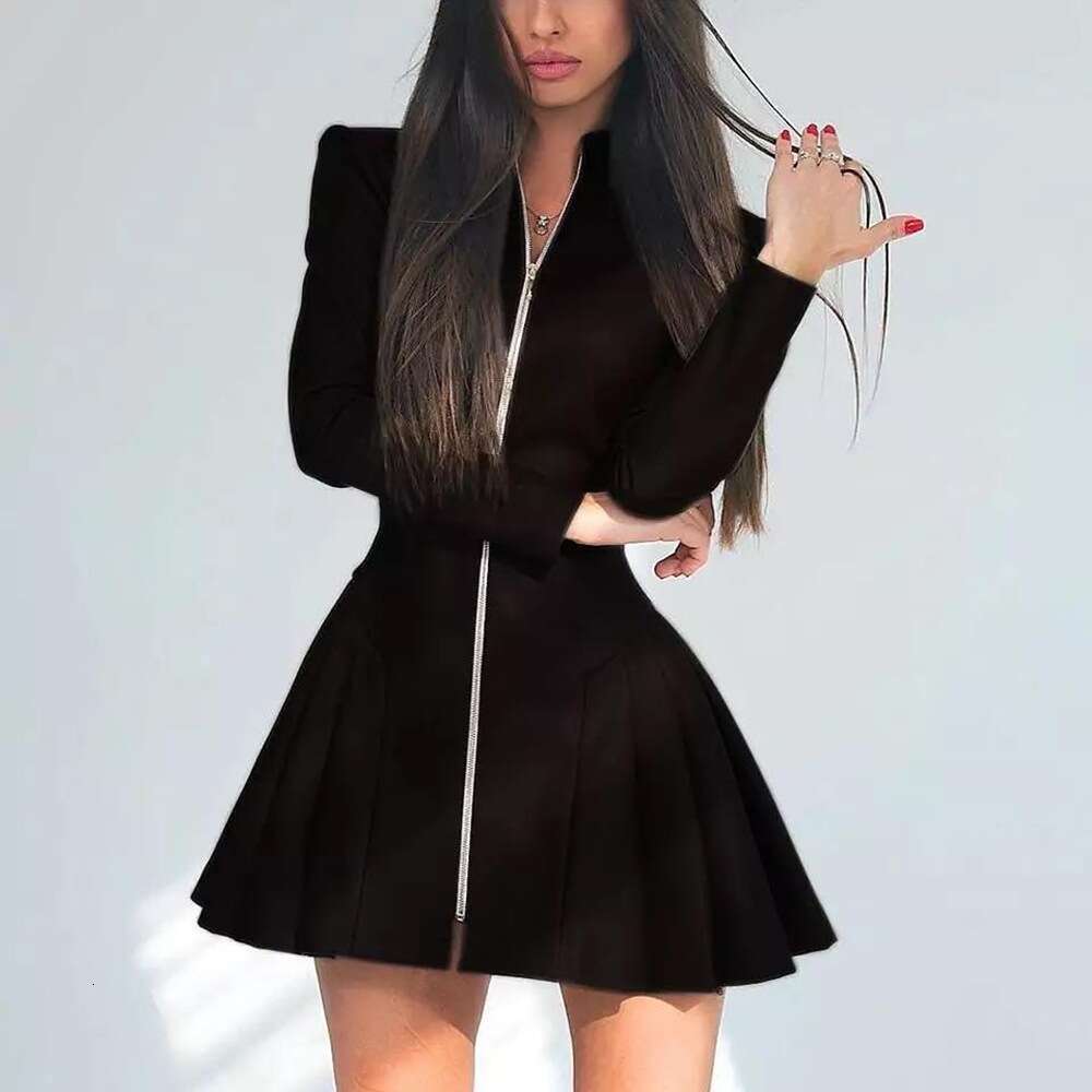 Women's fashion slim fit long sleeved pleated skirt PU leather zipper dress