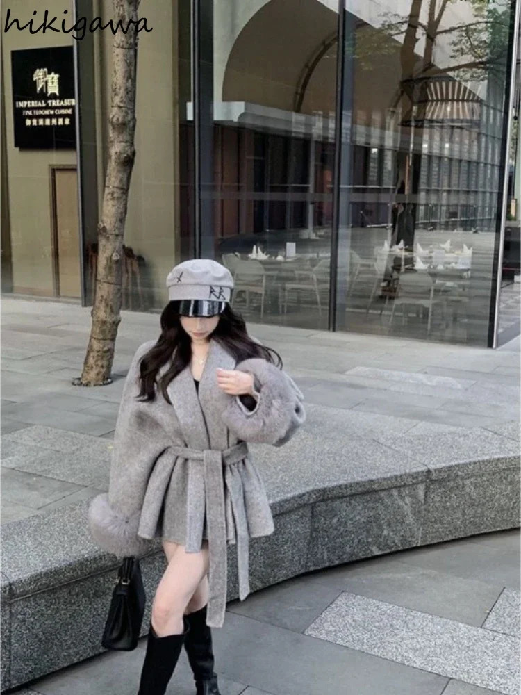Fashion Coats for Women Patchwork Furry Long Sleeve Bandage Outwear Korean Y2k Clothing Temperament Solid Color Jackets 241121
