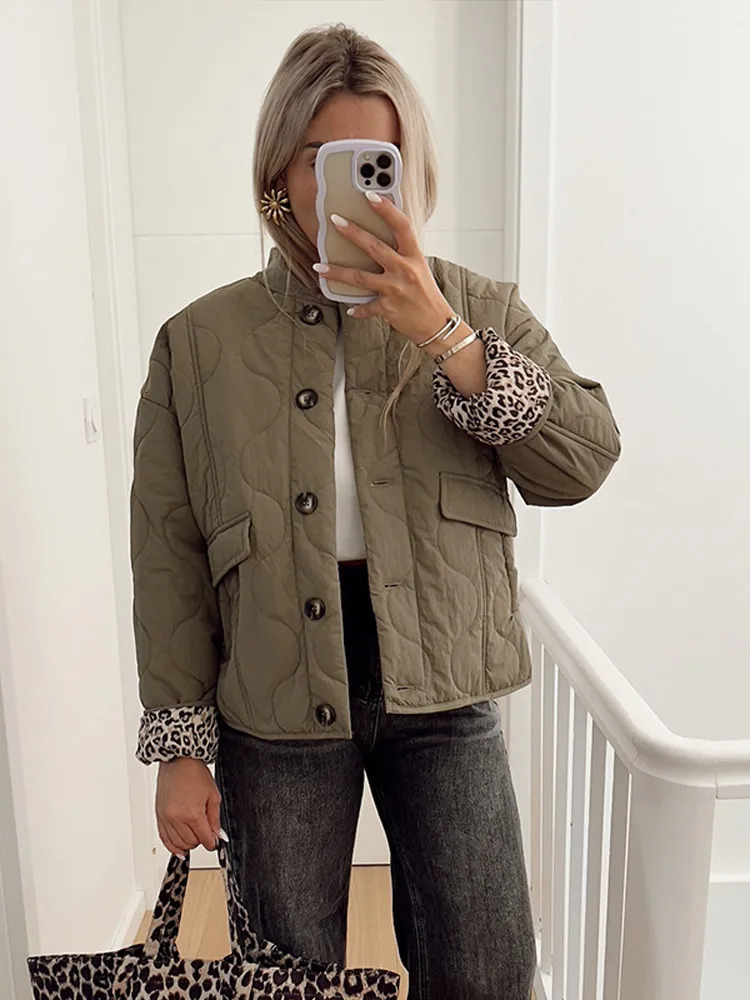 Fashion Lady O Neck Leopard Print Lined Short Jacket Elegant Woman Single Breasted Solid Color Coat 2024 Outerwear 241120