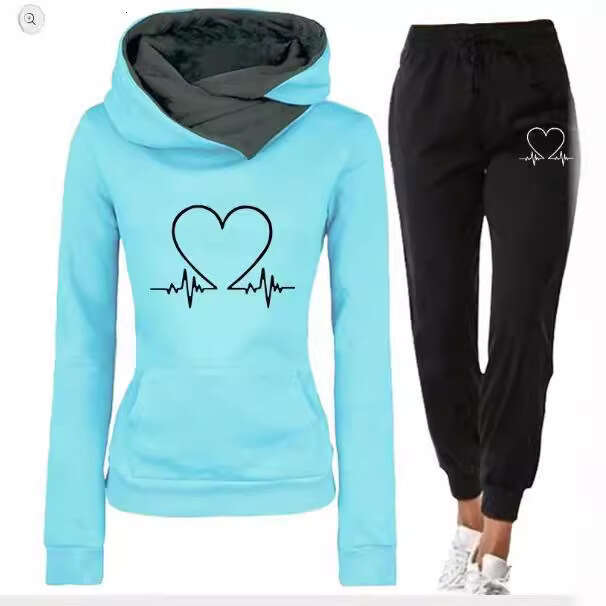 Spring and Autumn Winter Casual Sportswear Heartbeat Frequency Printed Women's Hoodie Sweatshirt Set 2024 Versatile New Trendy Clothing Ins