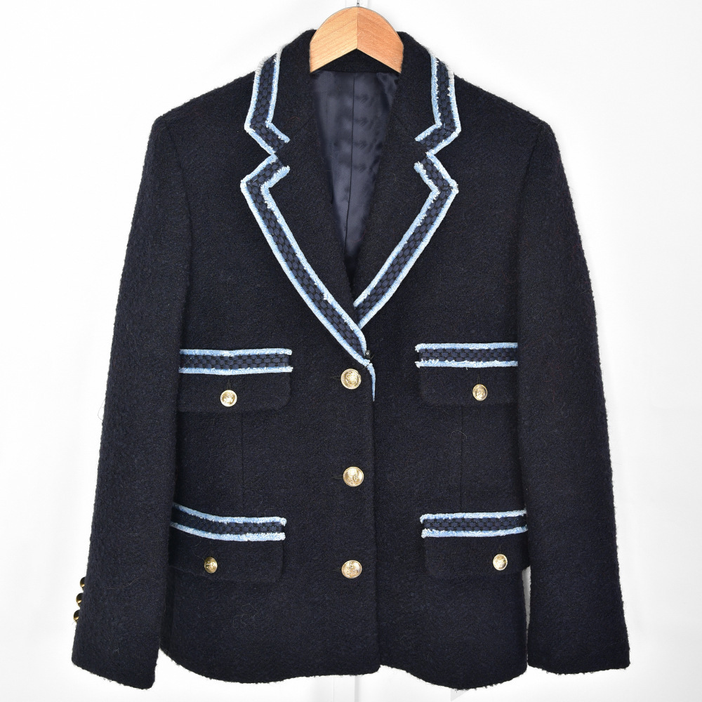 Fashionable Elegant Autumn And Winter Contrast Color Collar Dark Blue Tweed Suit Jacket