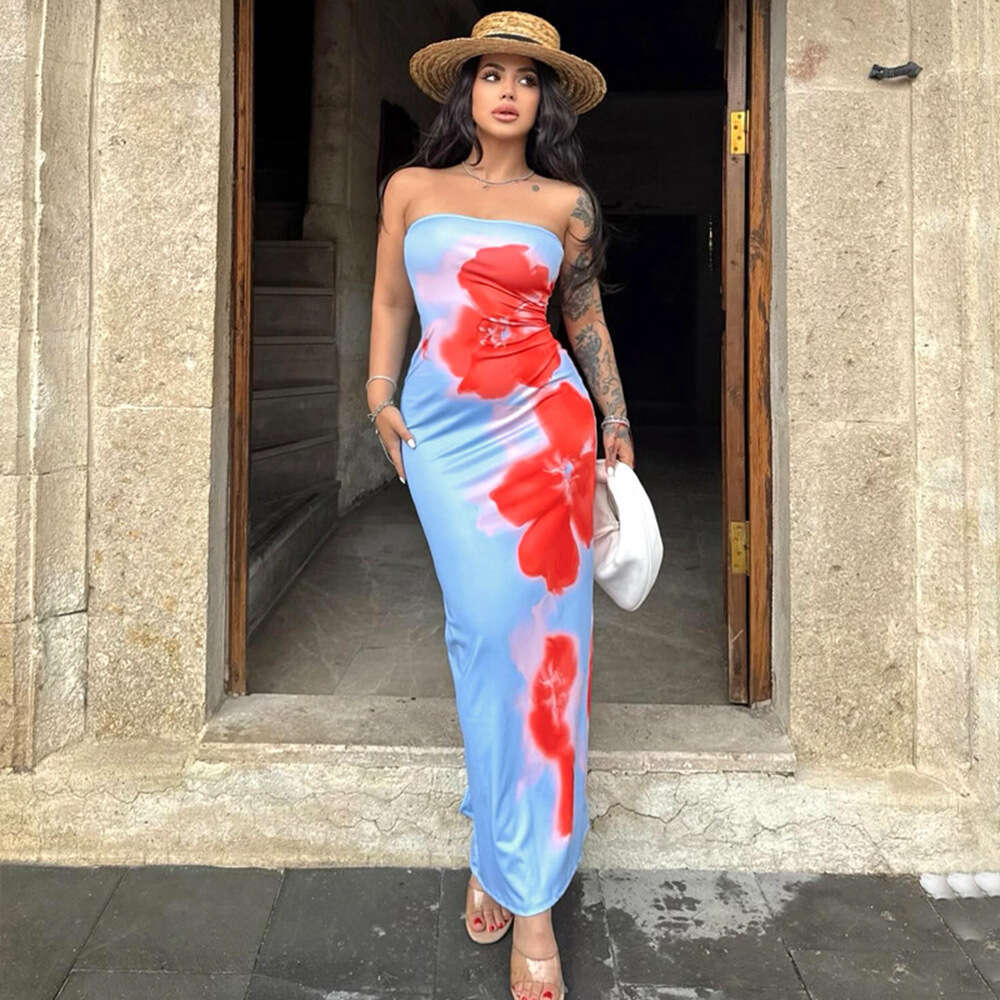 New sexy strapless printed bag hip slit dress for trendy women's clothing, children's seaside