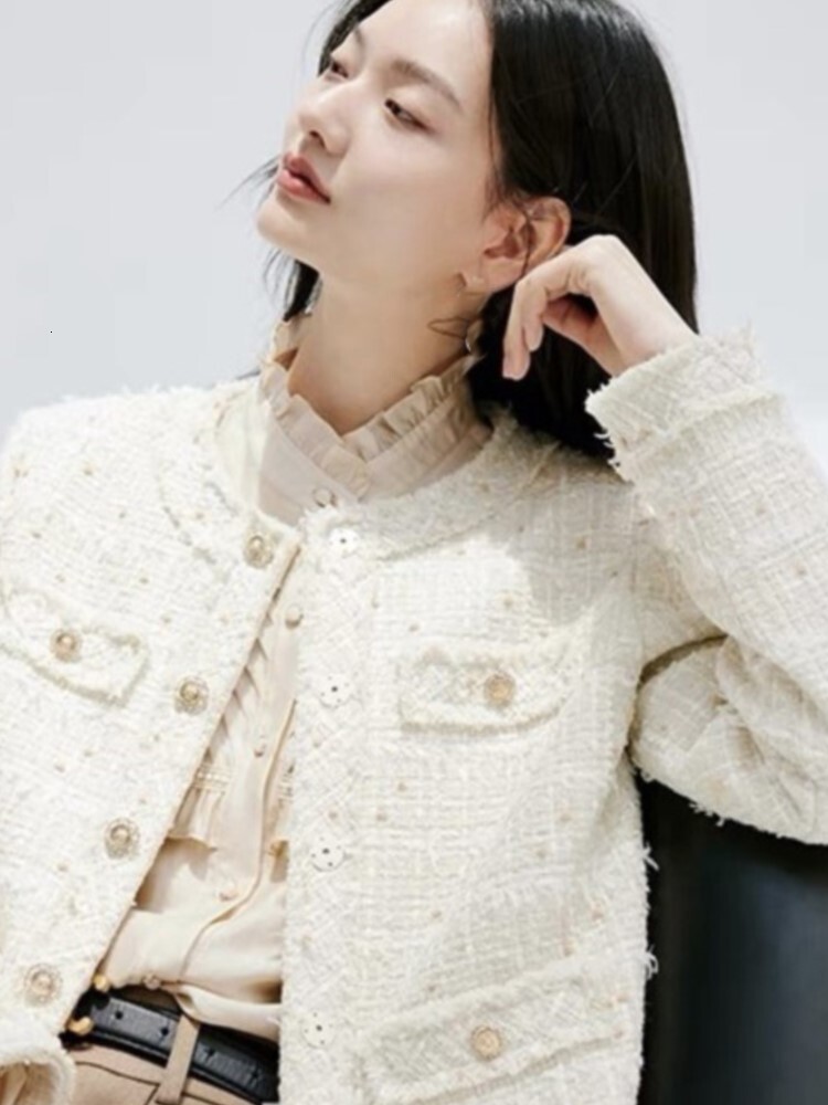 Beige Women's Tweed Fragrance, Autumn/Winter Jacket, Plaid Short Top, New One Piece Classic Jacket