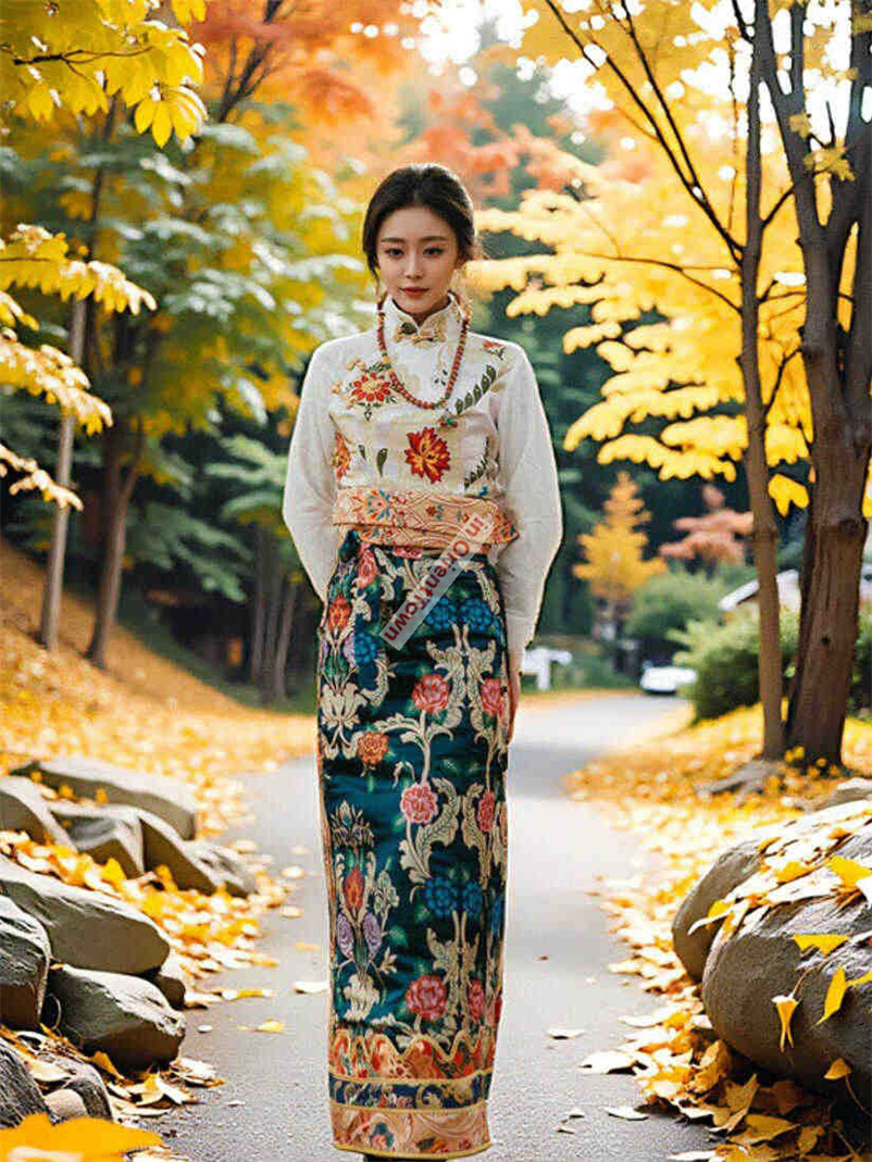 Tibetan Clothing for Women Autumn Blouse + Skirt Ethnic Style Tibetan Tops + One-Piece Wrapped Skirts Travel Photos Uniform