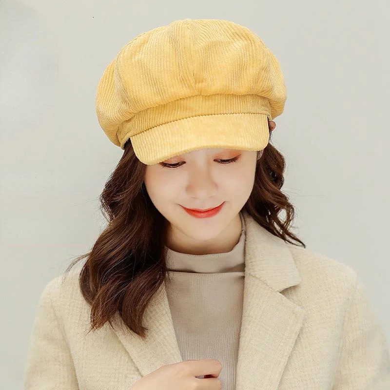 Korean Version Solid Color Women Beret Spring Autumn sboy Hat Vintage Corduroy Cap Painter 241125
