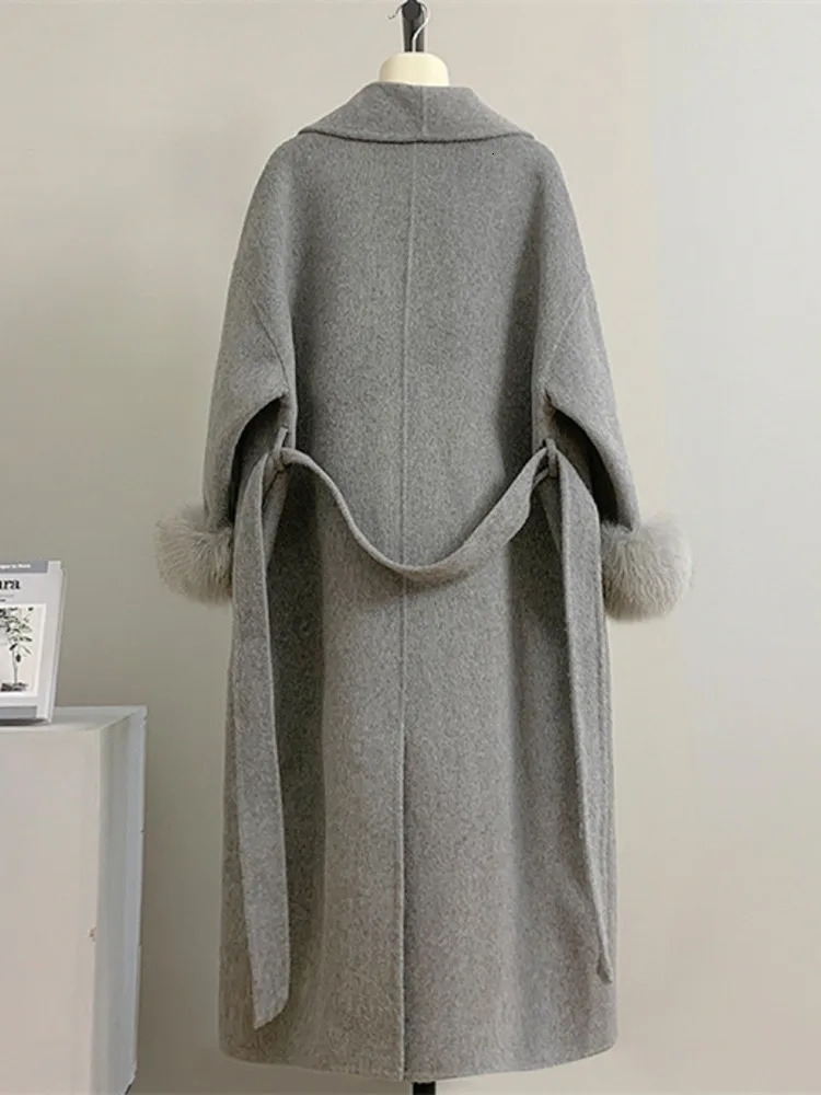 EOEN Womens Long Lapel Doublesided 2024 Autumn And Winter Item Solid Color Simple Detachable Cuffs Fur Wool Coat 241121