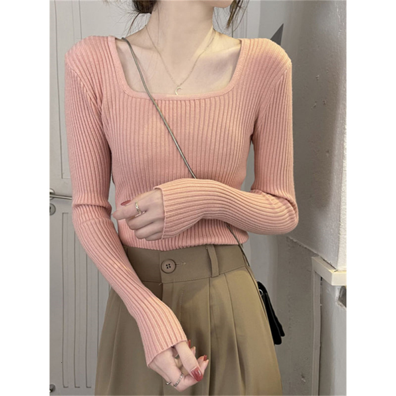 Square neck women's autumn and winter new style long sleeved short sleeved slim fit inner sleeve pullover sweater black bottom knitted designer s