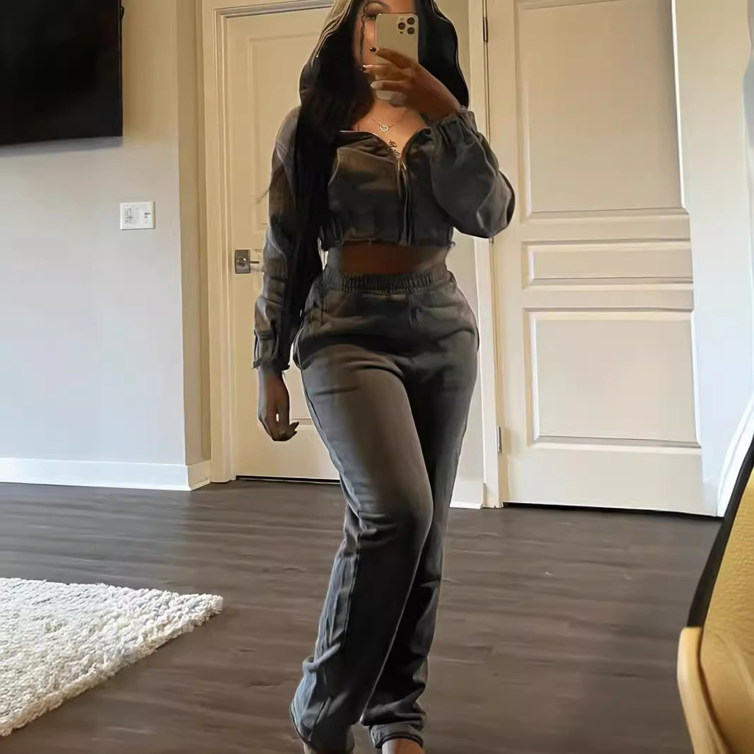 New Fashionable Casual Women's Hoodie Two-Piece With Zipper And Hooded Pants Set