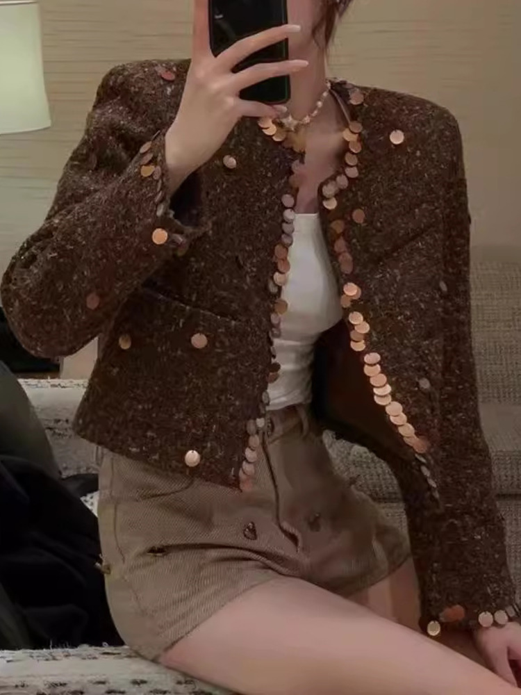 UCXQ Fashion Tweed Jacket Korean Style O Neck Sequin Splicing Cardigan All-Match Woven Woolen Coat Women 2024 Spring Autumn 1384