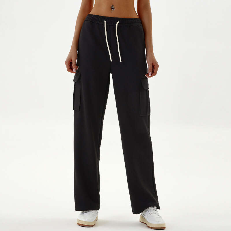 European American new women's workwear sports sweatpants, loose high waisted and thick ribbed elastic straight leg casual pants