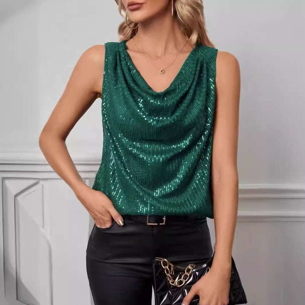 New sexy V-neck strapless fashion sequin loose short pullover women's vest