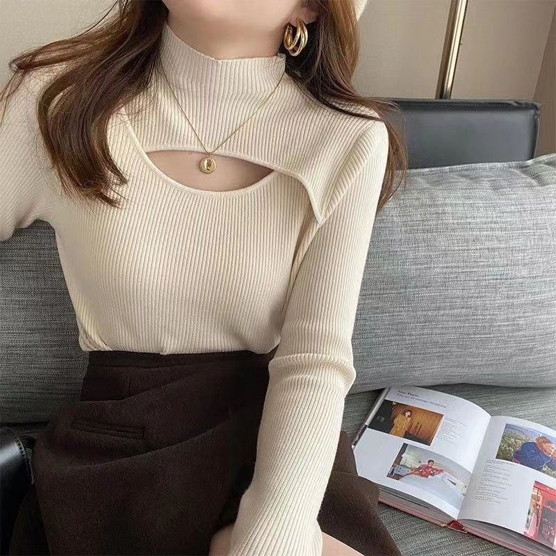 Autumn and winter new Heart Machine women's hollow Western style base slim design semi designer high neck knitted sweater