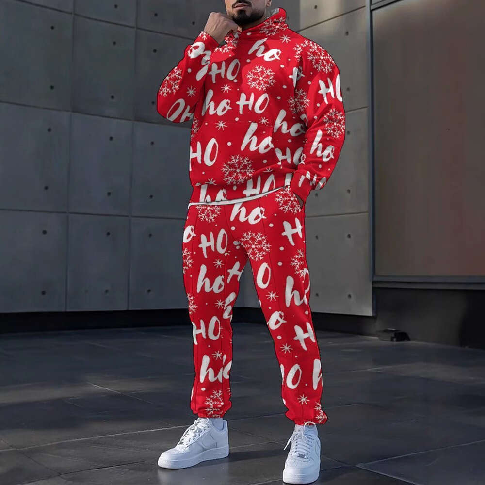2024 European American new Christmas 3D printed casual loose fitting hooded men's hoodie and sweatpants set