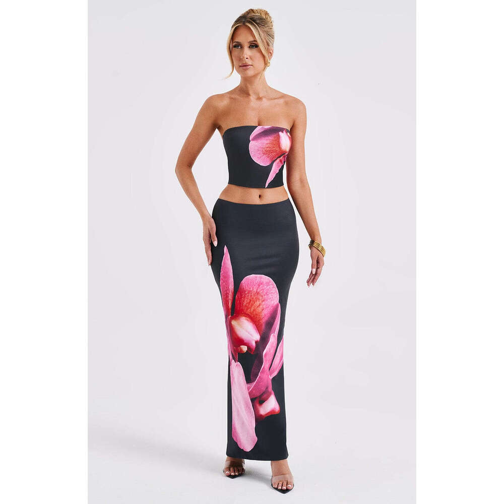 2024 spring/summer new style women's fashion strapless printed vest slim fit hip hugging skirt set