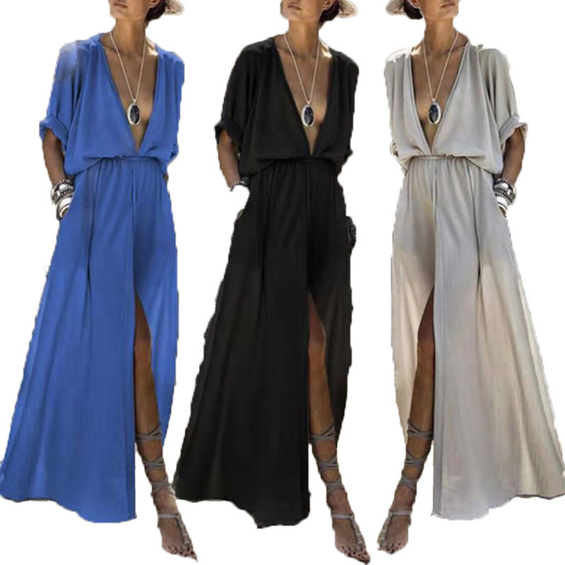 Women's New Fashion Middle Sleeves Sexy Split Long maxi dress womens dresses