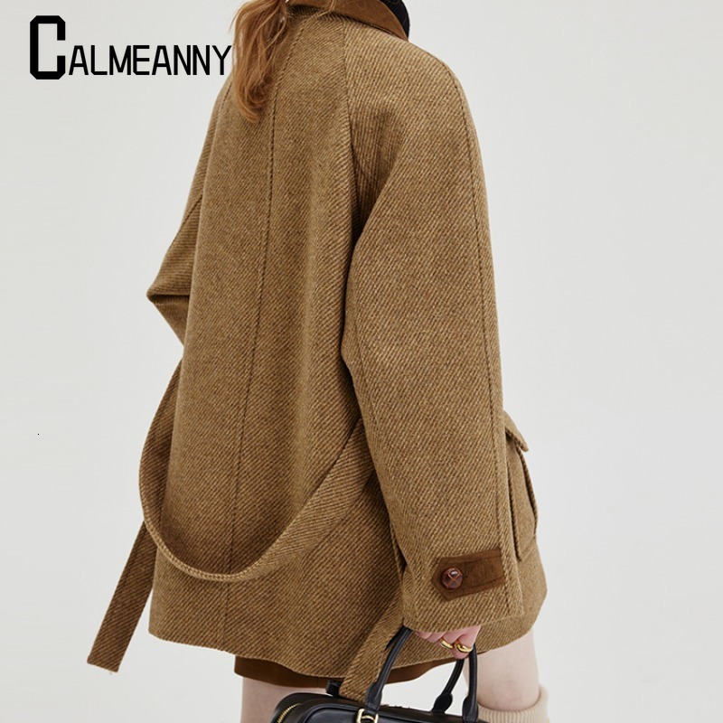 2024 Autumn Winter New Style Fashion Women's Coats Casual Loose Versatile Retro High Quality Pockets Belt Tweed Coat