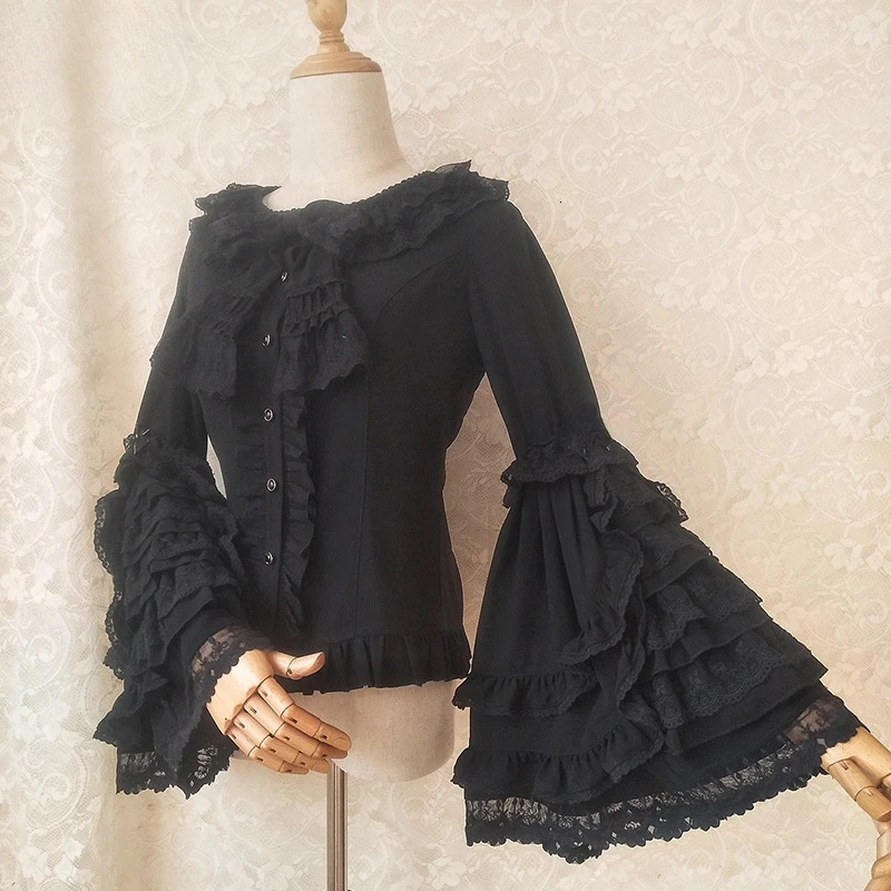 Japanese Victorian Lolita Shirts Women Vintage Sweet Flare Long Sleeves Slim Tops Female Gothic Y2k Black White Blouses