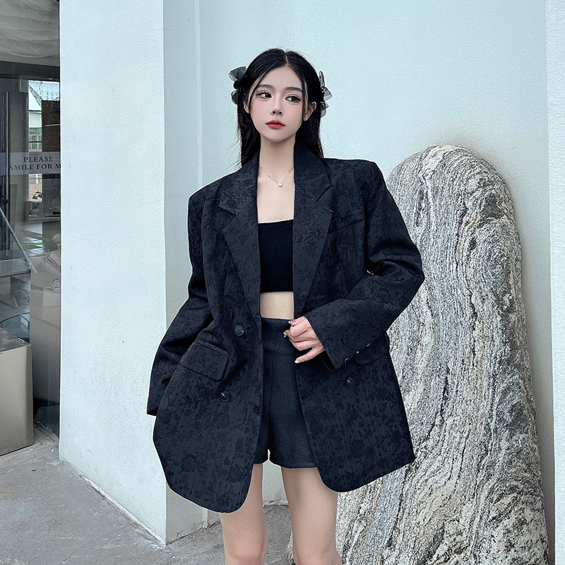 High-End Jacquard Black Blazer Women's Autumn Temperament Double-Breasted Suit Traf 2024 New Tweed Jaqueta Feminina