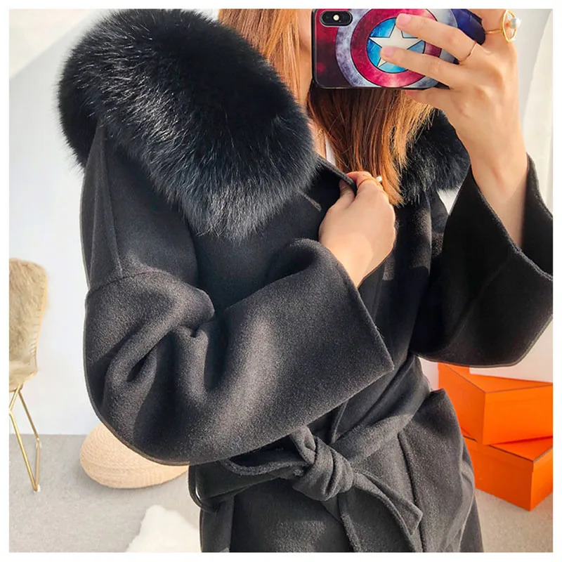 Korea Hooded Cashmere Long Coat With Hood Real Fur Trim Women Warm Large Jacket Female Outwear Spring Loose 241121