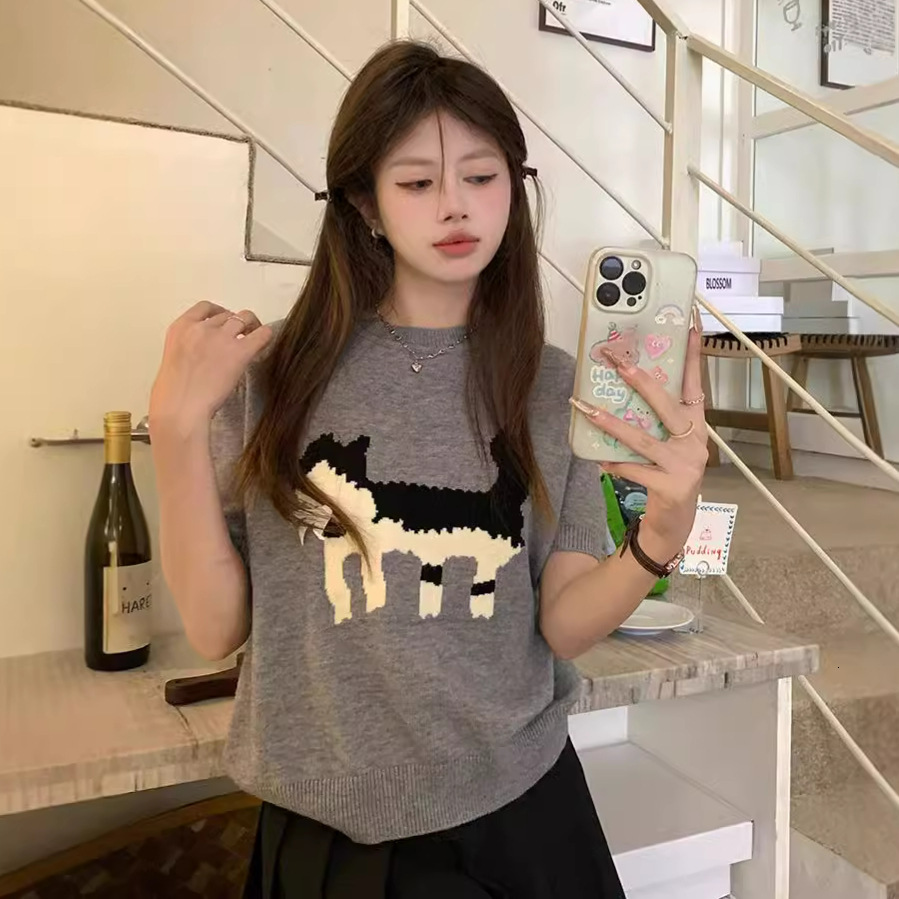 Winter new grey jacquard women's T-shirt loose round neck knitted shirt designer short sleeved top Ins