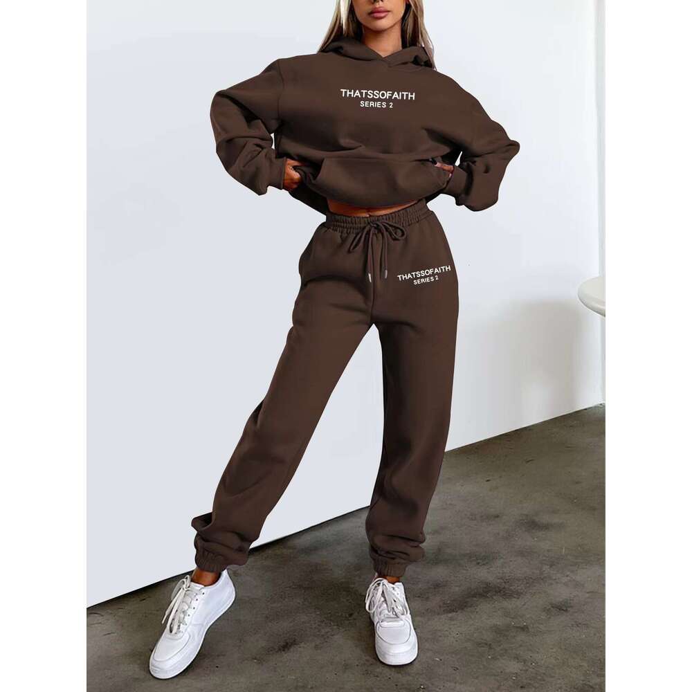 European and American women's letter printed hooded sweatshirt fashionable casual fleece pants set 2024 new style chic elegant clothing