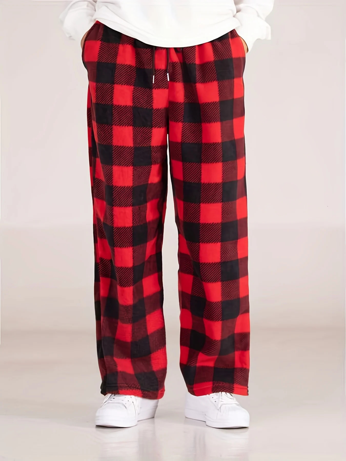 Autumn and Winter Black Red Plaid Pants Christmas Party Casual Sports Versatile Loose Straight Leg Mens American Re 241120